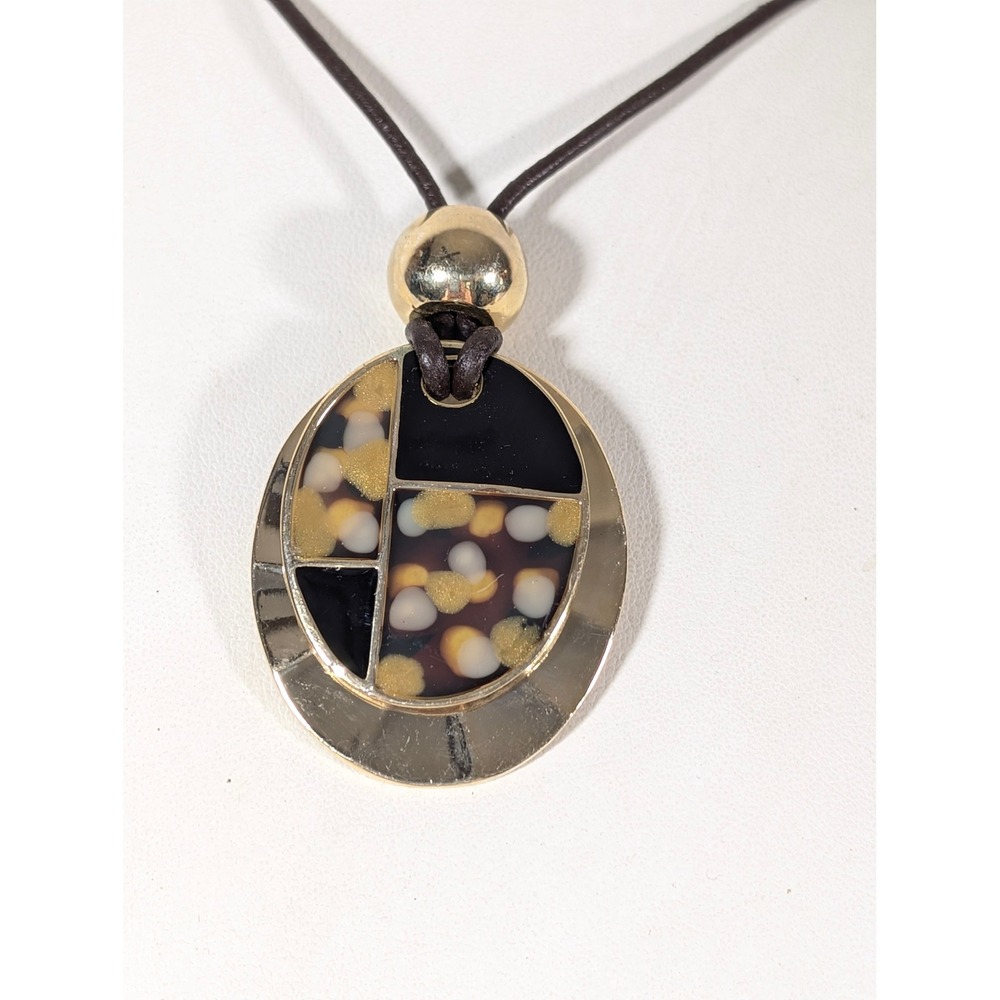 Kenneth Cole Gold Tone Brown Cord Enamel Pendant Necklace 19" Geometric